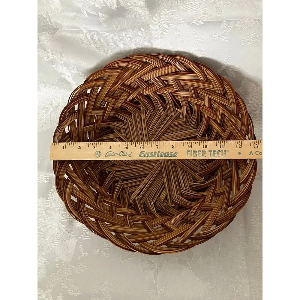 Vintage Woven Reed Bread Basket Round Handwoven Brown Tan Cream 13